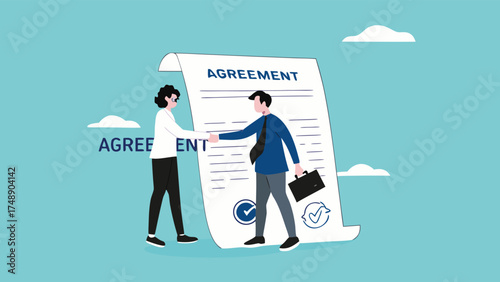 loan agreement, proof of loan document, two businessmen shaking hands making a loan agreement with a bag of dollars and a loan agreement document concept vector illustration

