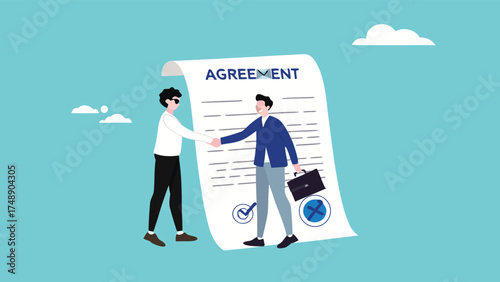 loan agreement, proof of loan document, two businessmen shaking hands making a loan agreement with a bag of dollars and a loan agreement document concept vector illustration

