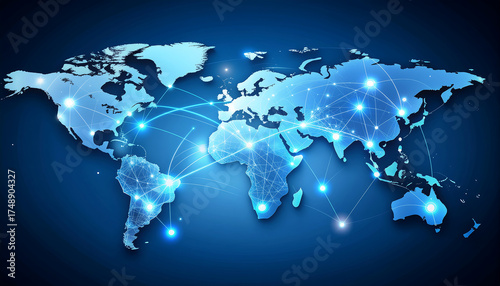 A world map illustration with glowing nodes and connecting lines, representing global network connections and data flow.