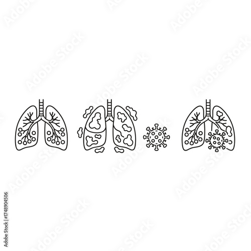 Pneumonia related medical vector set, thin line style icons and illustrations of lung infection, respiratory disease symptoms, healthcare concept, illness and treatment graphics