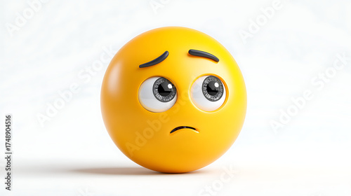 A sad yellow emoji ball with big eyes and curved brows rests on a bright white surface. under light