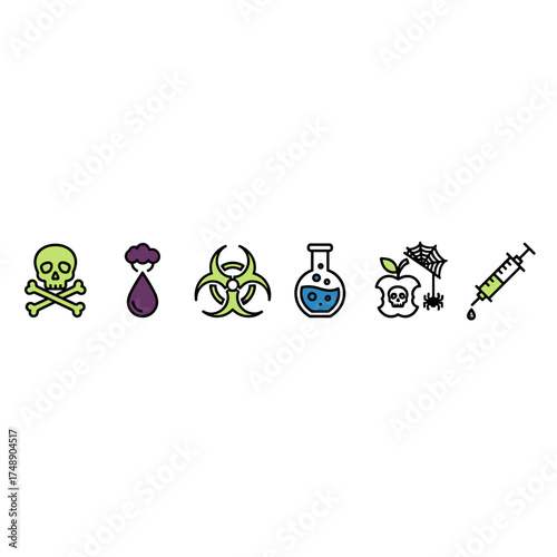 Poison hazard icons set, vector glyph collection of toxic symbols, danger signs, chemical warnings, hazard safety pictograms, poison-related visual elements for safety and alert designs