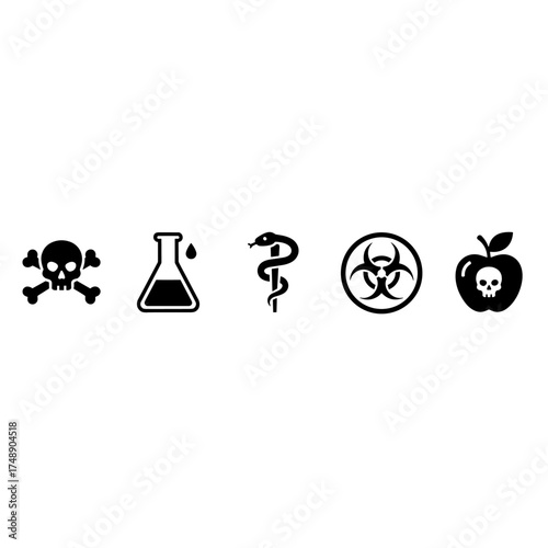 Poison and Danger Vector Icon Set, Toxic Chemical Symbols, Skull and Crossbones, Laboratory Flask, Medical Snake Staff, Biohazard Warning, Poisoned Apple, Hazardous Substance Glyphs