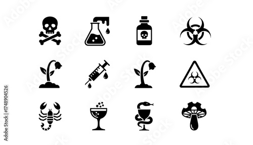 Poison and Toxic Symbols Vector Set, Hazard and Danger Icons Collection, Toxic Substance Warning Signs, Chemical Hazard Glyphs, Safety and Risk Vector Elements