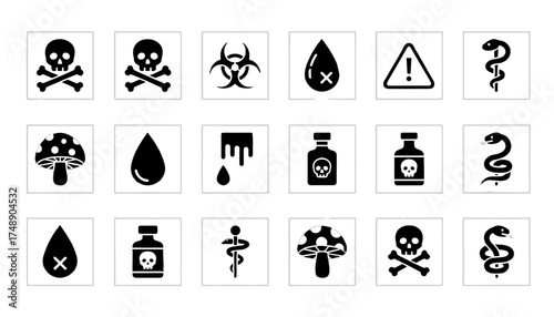 Vector set of poison and hazard icons including skull and crossbones, biohazard symbol, toxic drops, warning signs, poison bottles, mushrooms, and poisonous snakes, black glyph illustrations