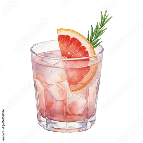 Watercolor Grapefruit Wedge Cocktail with Ice and Rosemary on White Background
