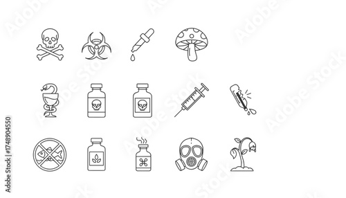 Poison and Toxicity Vector Icon Set, Includes Skull and Crossbones, Biohazard Symbol, Poison Bottles, Syringe, Toxic Mushroom, Gas Mask, Hazardous Substance, No Fish, Dead Plant, and More
