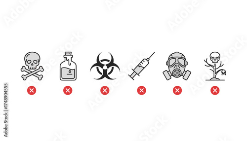 Set of Poison Icons Thin Line Vector, Toxic Symbols Collection, Hazard Warning Signs, Chemical Danger Labels, Poisonous Substance Illustrations, Safety and Alert Design