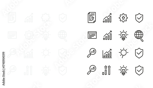 Minimalist Business and Analytics Icon Set with Growth Charts, Security Shields, Lightbulb Ideas, Gears, Documents, and Global Search Symbols for Portfolio and Demonstration Use