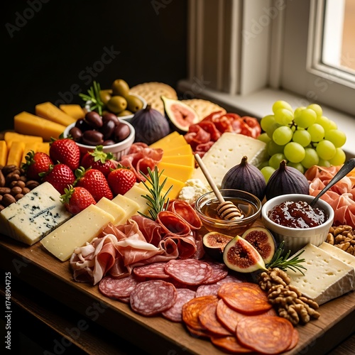 Delicious Charcuterie Board with Assorted Cheeses, Meats, and Fruits.