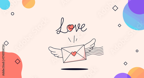 Flying envelope with wings delivering a message of love.