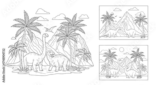 A prehistoric landscape with towering volcanoes and lush palm trees populated by gentle long-necked dinosaurs.