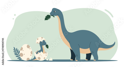 A mother dinosaur and her baby hatching from an egg sharing a meal.