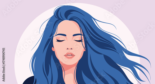 A young woman with long flowing blue hair is depicted in a tranquil pose eyes closed.