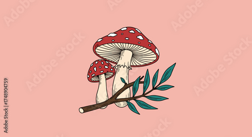 Whimsical illustration of two red spotted mushrooms growing on a delicate branch with green leaves on a soft pink background.