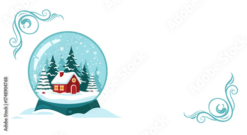A charming red house nestled in a snowy winter forest inside a clear snow globe.