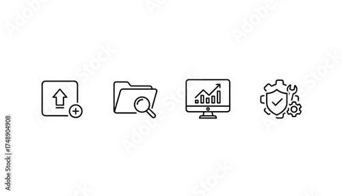 Thin Line Vector Set of Upload, Search Folder, Data Analytics, and Security Settings Icons for Digital and Portfolio Management Concepts