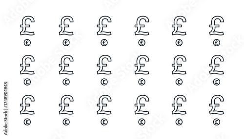 Pound currency thin line vector icons set, British pound sterling symbol, financial and money outline illustrations, currency exchange, banking and commerce icons