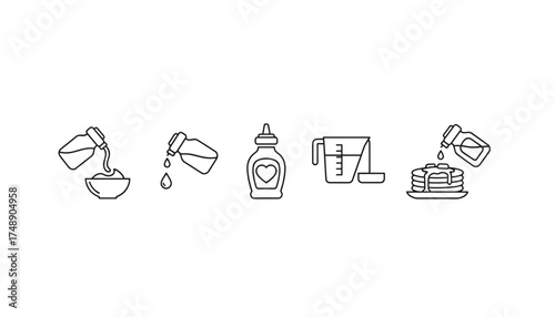 Set of thin line vector illustrations of pouring syrup, dripping sweet liquid, dessert topping, breakfast condiment collection, sweet sauce pour, food flavor enhancer graphics