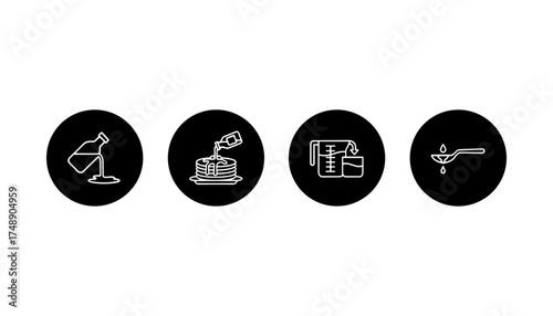 Vector set of syrup pouring icons, thin line styling, pouring syrup on plate, pancakes with syrup, measuring cup with liquid, and spoon with dripping syrup, food condiment concept