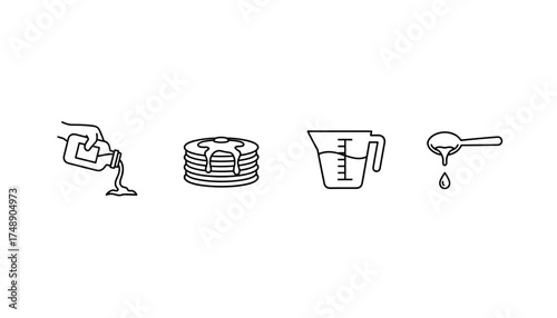 Pouring Syrup Thin Line Vector Set, Hand Holding Syrup Bottle, Stack Pancakes with Syrup, Measuring Cup and Spoon Dripping Sweet Liquid, Breakfast Sweetener Icons