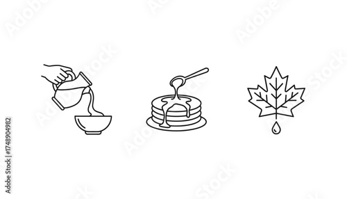 Vector set of pouring syrup illustrations in thin line style, dripping sweet liquid, dessert topping, sweet food decoration, liquid flow, cooking ingredient, culinary design, syrup bottle, sweet sauce