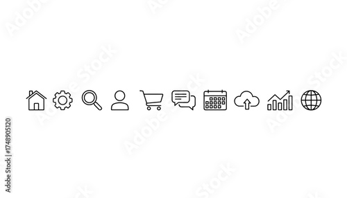 Homepage thin line vector icon set. Web and app navigation elements. UI, UX graphic interface symbols. Home, settings, search, user, cart, chat, calendar, cloud, analytics, globe.