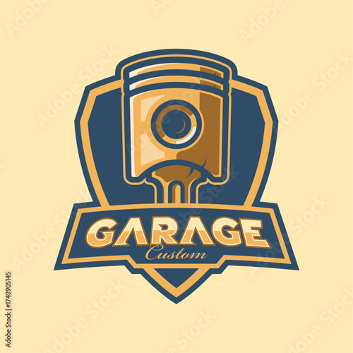 Garage Custom Emblem and Sticker with Piston Illustration inside It.