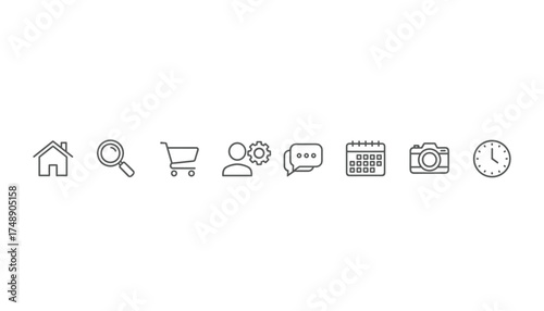 Website and mobile application interface thin line icon set. Homepage navigation and UI UX design elements. Vector symbols: home, search, cart, user settings, chat, calendar, camera, clock.