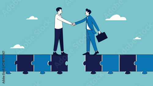 make business deals to achieve business goal with two business people shaking hands to connect puzzle bridge, agreement to achieve business success

