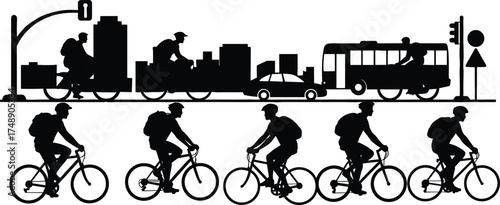 Urban transport illustration, cycling silhouettes, city traffic scene, sustainable mobility, bike lane concept, bus and car vector, black and white cityscape