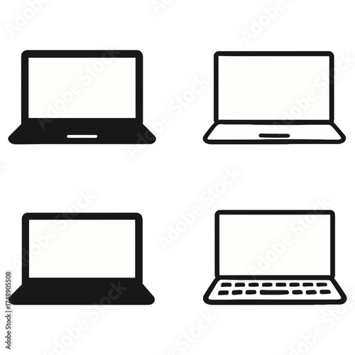 Set of 4 laptop vector icons in black and outline style, minimal flat design isolated on white background, perfect for technology, computer, or web interface illustration use.