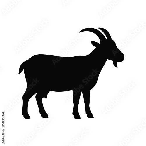 Flat 2D vector of goat silhouette, standing side view with horns, minimal black shape isolated on white background, perfect for farm, livestock, or agriculture design use.