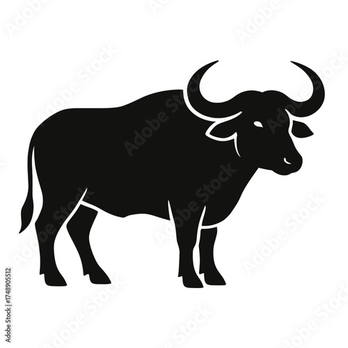 Flat 2D vector illustration of buffalo silhouette, side view standing animal with large horns, minimal black shape isolated on white background, simple design for farm or wildlife art.