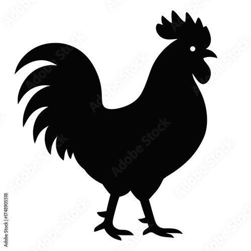 Flat 2D vector of rooster silhouette, black farm bird standing side view, minimal clean design isolated on white background, perfect for agriculture, logo, or nature art.