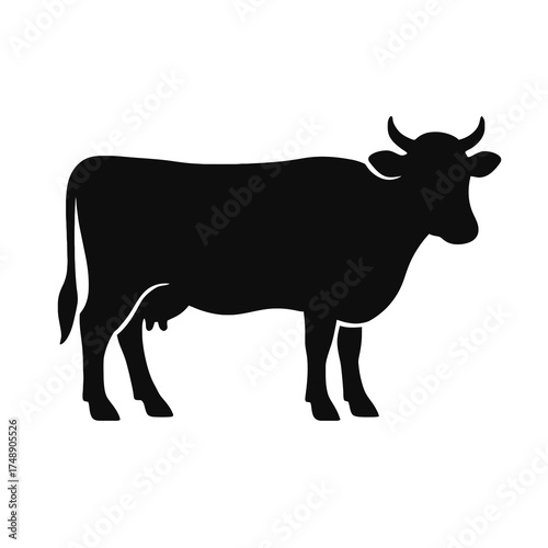 Flat 2D vector illustration of cow silhouette, side view black cattle shape isolated on white background, simple clean minimal design suitable for farm, dairy, or logo use.