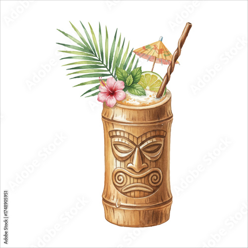 Watercolor Bamboo Tiki Cup with Umbrella and Tropical Flowers on White Background
