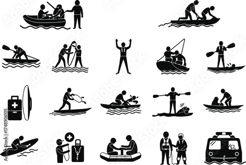 water rescue icons, emergency response, lifeguard action, kayak safety, medical kit, boat rescue, wakeboarding, swimming help, ambulance, aquatic danger, silhouette set