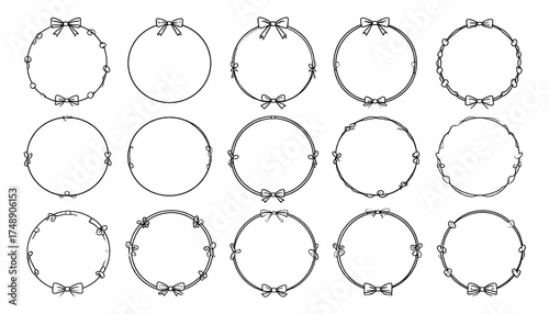 A collection of twelve unique circular frames with decorative bows and floral elements.