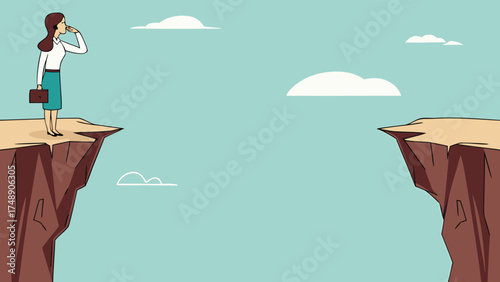 creative problem solving at work illustration with the concept of a businesswoman who is looking for a way to cross the gap between two cliffs, challenge at work

