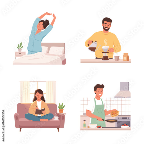 Morning Routine Bright Flat Lifestyle People