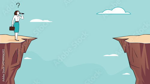 creative problem solving at work illustration with the concept of a businesswoman who is looking for a way to cross the gap between two cliffs, challenge at work

