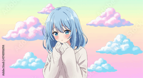 Blue-haired anime girl in soft pastel colors looking down, emotional and peaceful illustration with dreamy sky background
