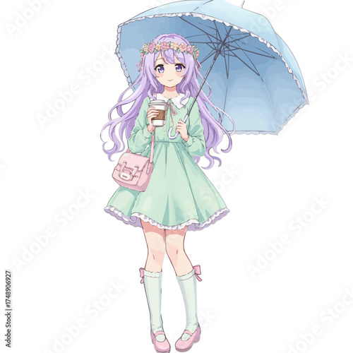 Purple-haired anime girl wearing green dress holding blue umbrella, gentle and dreamy pastel art of rainy day moment