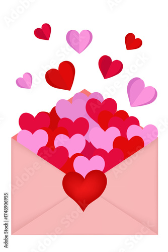 A pink envelope overflowing with colorful hearts in red and pink, with some hearts floating above.