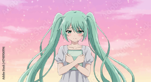 Cute anime girl with mint green hair and shy expression, soft pastel portrait of adorable character in pink background