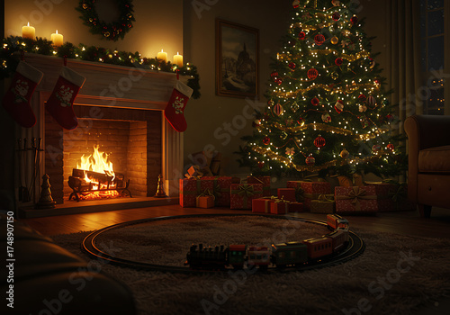 Cozy Christmas scene featuring a decorated tree, fireplace, gifts, and a toy train.