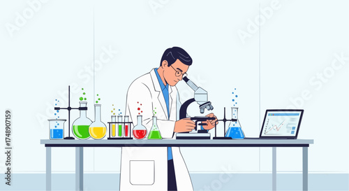 Scientist working in laboratory with colorful test tubes and microscope, modern research and chemistry concept