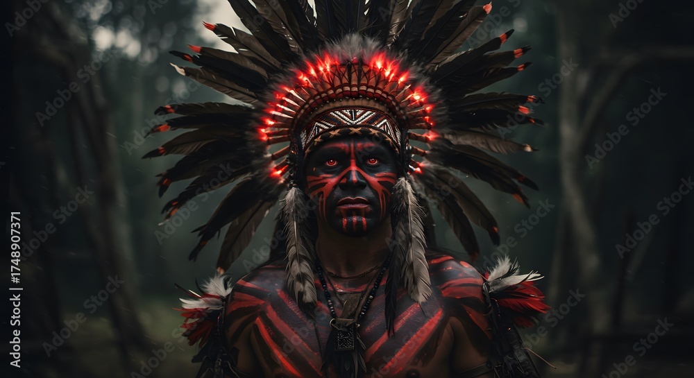 Fototapeta premium Indigenous Man Wearing Elaborate Feather Headdress with Face Paint in Forest Setting