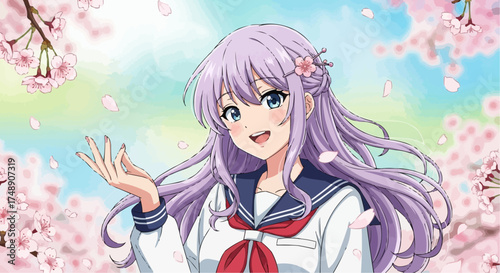 Smiling anime girl with lavender hair wearing a white jacket, cheerful and friendly character illustration in soft pastel colors